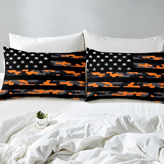 Camo American Flag Full Size Duvet Cover Set,Orange Grey Black Camouflage Print Comforter Cover with 2 Pillowcases,3pcs,Stars Stripes Flag Polyester Bed Spread for Boys Teens Bedroom Decor