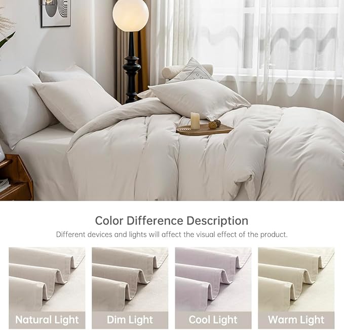 JELLYMONI Beige Duvet Cover Twin Size - 100% Washed Cotton Linen Feel Textured Comforter Cover, 2 Pieces Breathable Soft Bedding Set with Zipper Closure (Beige, Twin 68"x90")