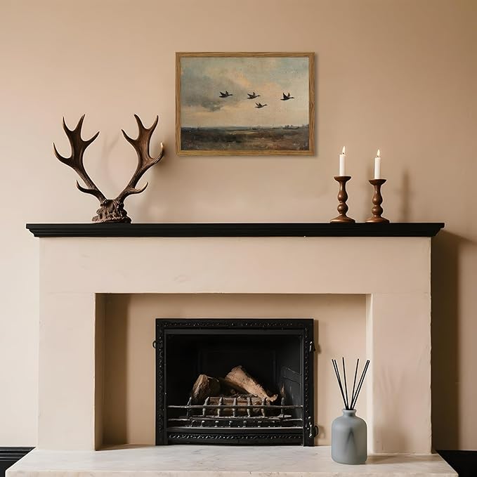 Vintage Flying Duck Wall Art, Rustic Landscape Wall Decor Retro Bird Painting Nature Wilderness 3D Textured Hand Drawn Sandstone Artwork Aesthetics for Bedroom Living Room 16x24 inch Wood Framed