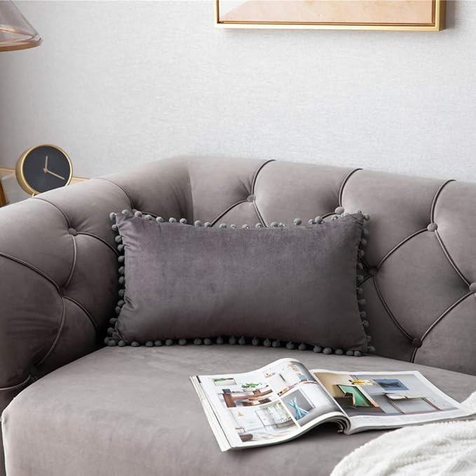 DEZENE Throw Pillow Covers 12x20 Dark-Grey: 2 Pack Cozy Soft Pom-poms Velvet Rectangular Decorative Pillow Cases for Farmhouse Home Decor