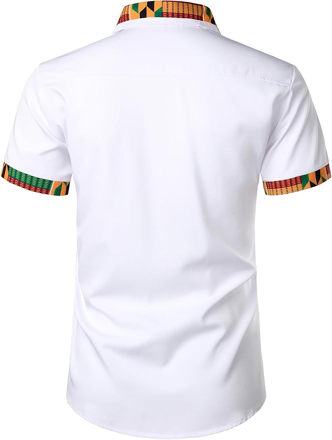 ZEROYAA Men's African Printed Patchwork Design Short Sleeve Button up Shirt