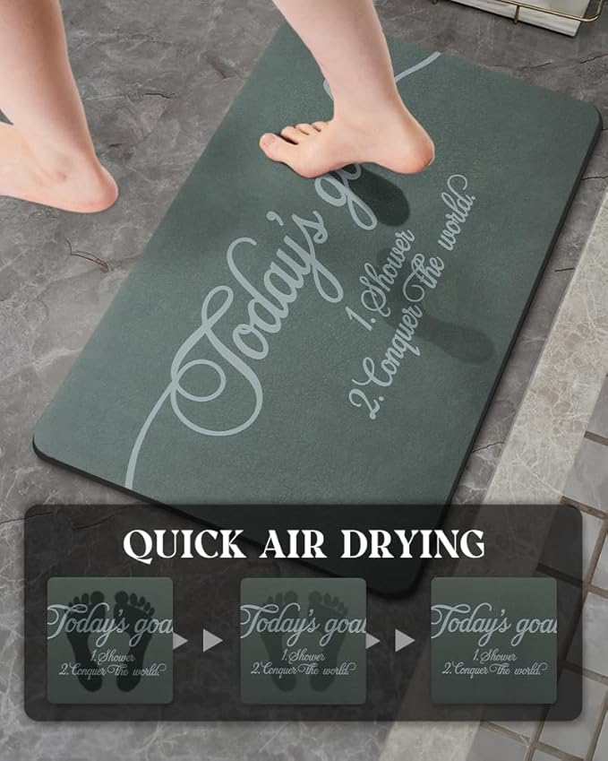 MontVoo -Bath Mat Rug- Non Slip Quick Dry Absorbent Thin Bathroom Rugs Fit Under Door-Faux Suede Surface Bathroom Floor Mats-Shower Rug for in Front of Bathtub Shower 16"X24" Green Text Pattern