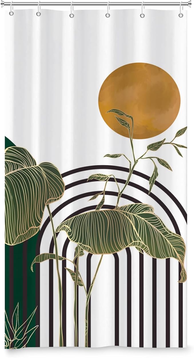 ChloropLastid Mid Century Boho Shower Curtain Minimalist Aesthetic Bath Curtain Dark Green Arch Curve Tropical Leaves Plants Geometric Art Bathroom Home Decor Fabric Waterproof Decor 36x72 inch