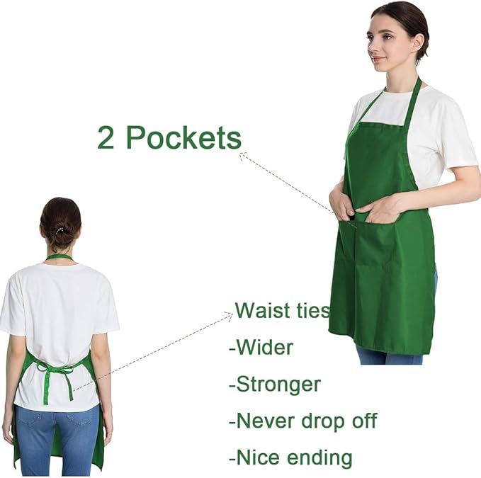 Total 6PCS Green Plain Color Bib Apron for Adult Women Unisex Durable Comfortable with 2 Front Pockets Washable Aprons for Chef Cooking Baking Kitchen Restaurant Crafting