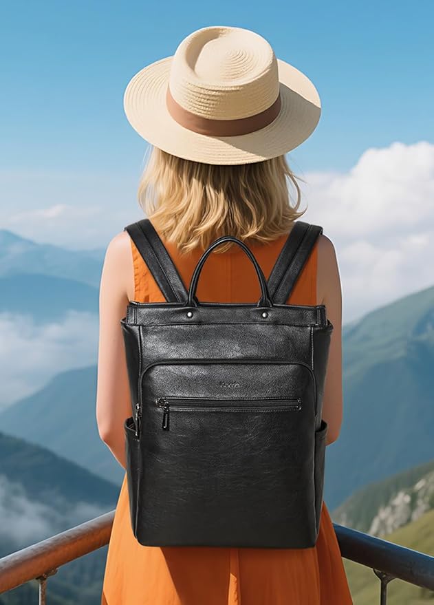 Leather Laptop Backpack for Women, Travel Backpack Purse Fits 15.6 Inch Laptop, Casual Daypack with Laptop Compartment for Teachers College Work Business Nurse Weekender, Black