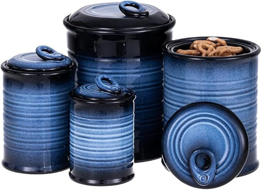 Nihow Food Storage Jar Sets: Ceramic Container with Air Tight Lid for Flour/Sugar/Rice/Coffee/Cookies/Candy - Seal Damp-proof Canister for The Kitchen Counter - Set of 4 （Blue & Black）