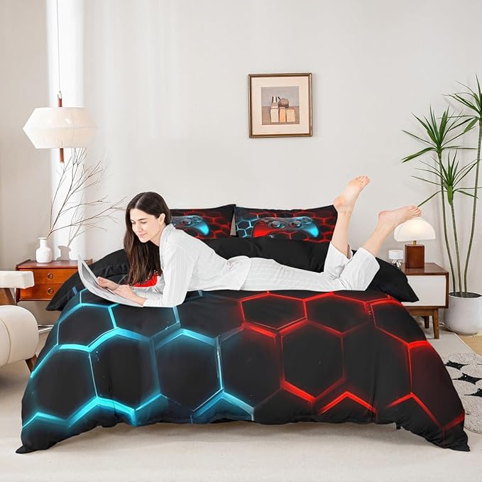 Castle Fairy Teen Boys Gamer Duvet Cover Queen Size for Game Room Decor,Modern Honeycomb and Gamepad Pattern Bedding Set,Fashion Gaming Theme Comforter Cover with 2 Pillowcases,Blue Red