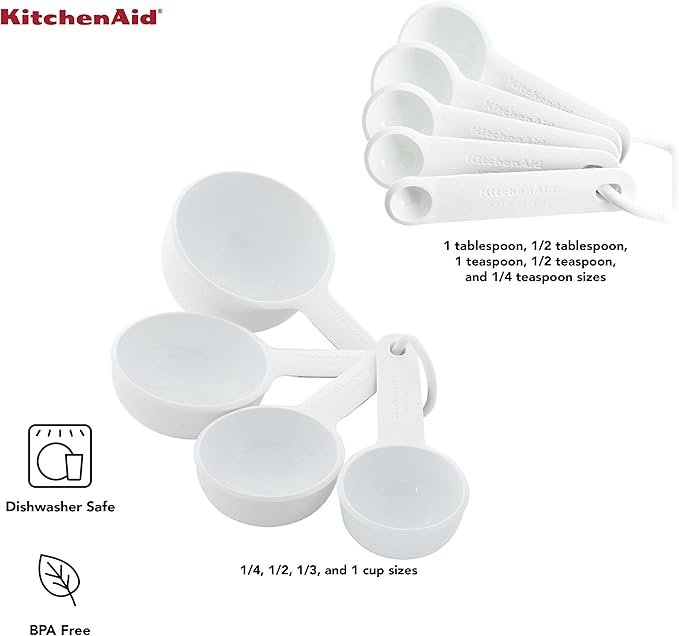 KitchenAid Universal Easy To Read Measuring Cup and Spoon Set with Soft Grip Handle for Maximum Control, Hang Hole and Nesting For Easy Storage, Dishwasher Safe, 9 Piece, White