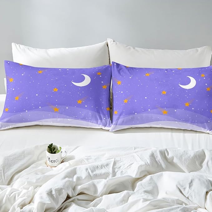Purple Sky Duvet Cover Stars and Moon Bedding Set Starry Sky Galaxy Comforter Cover for Girls Kids Room Decor Cartoon Kawaii Lightweight Bedspread Cover Twin Size with 1 Pillow Case(No Comforter)