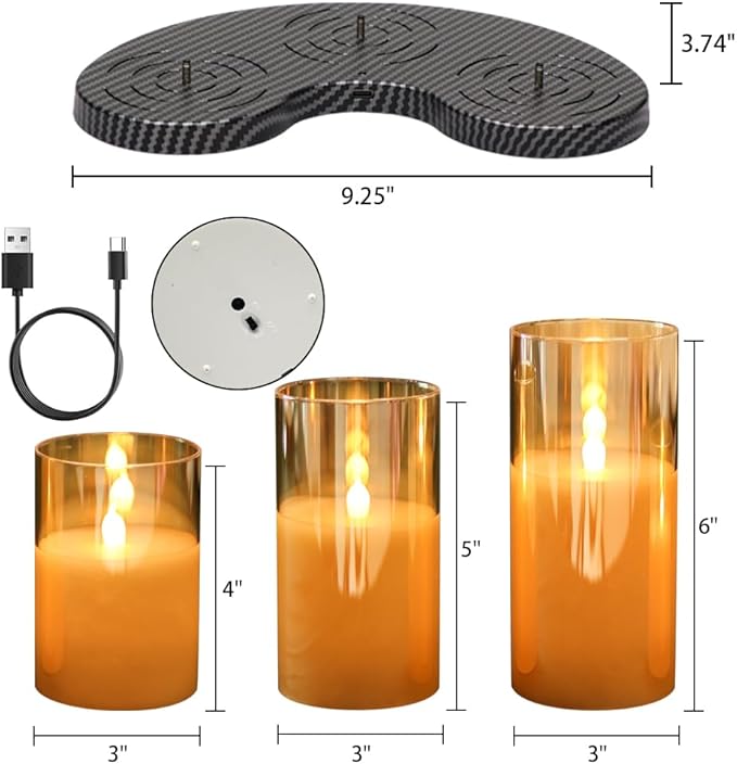 GenSwin Rechargeable Candles with Charging Station, Glass Battery Operated Flamless Candles with Remote Timer, LED Pillar Flickering Candle for Halloween Christmas Wedding Home Decor(Pack of 3, Gold)
