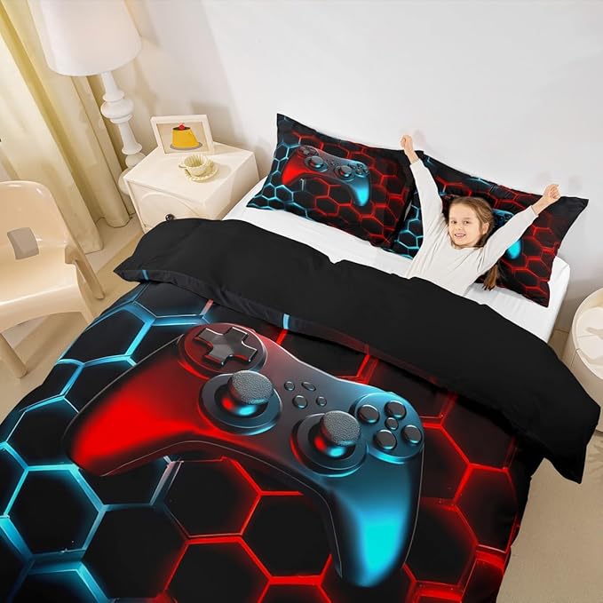 Castle Fairy Teen Boys Gamer Duvet Cover Queen Size for Game Room Decor,Modern Honeycomb and Gamepad Pattern Bedding Set,Fashion Gaming Theme Comforter Cover with 2 Pillowcases,Blue Red