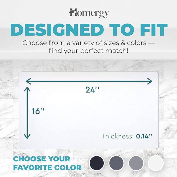 Homergy Bath Mat – Super‑Absorbent & Quick‑Dry with Non‑Slip Rubber Backing, Machine Washable & Odor Resistant – 16×24 in, White