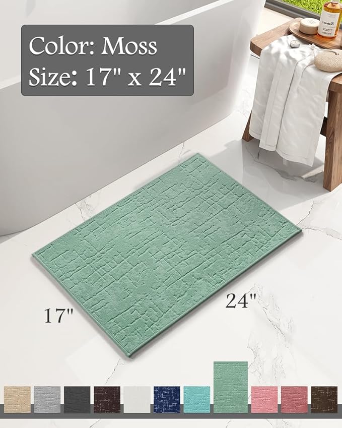 AMOAMI-Bath Mat-Absorbent Quick Dry Bathroom Floor Mats-Washable Rubber Backing Bath Mats for Bathroom Rugs Fit Under Door-Bath Rug for in Front of Sink Bathtub Shower Room, Moss 17''x24''