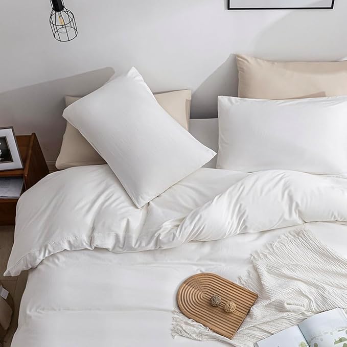 JELLYMONI White Bedding Duvet Cover Set - 100% Washed Cotton Linen Like Textured California King Comforter Cover, 3 Pieces Soft Bedding Set with Zipper Closure (Bright White, Cal King 104"x98")