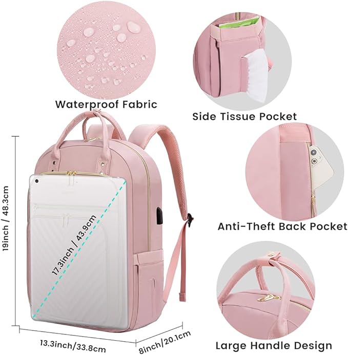 LOVEVOOK Laptop Backpack for Women, Water Resistant Travel Work Backpacks Purse Stylish Business Teacher Nurse Computer Bag with USB Charging Port,Pink
