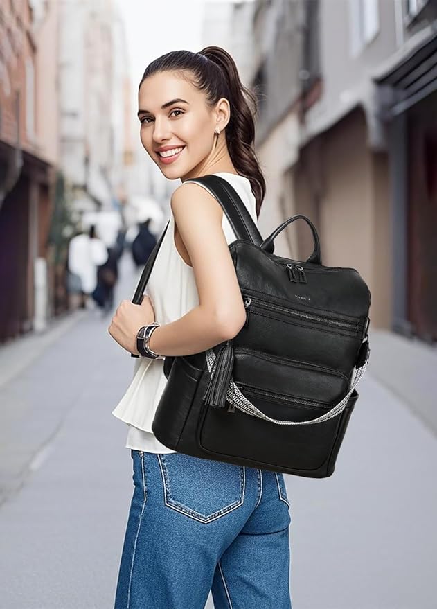 Shrrie 15.6 inch Laptop Backpack for Women,Large Leather Backpack Purse,Travel,Carry on,Water Resistant Casual Laptop Backpacks,College Backpack,Work Backpack for Women,Two-tone Black