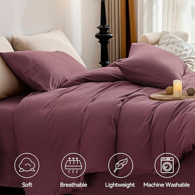 JELLYMONI Plum Duvet Cover King Size - 100% Washed Cotton Linen Like Textured Comforter Cover, 3 Pieces Lightweight Soft Bedding Set with Zipper Closure (Plum, 104"x90")