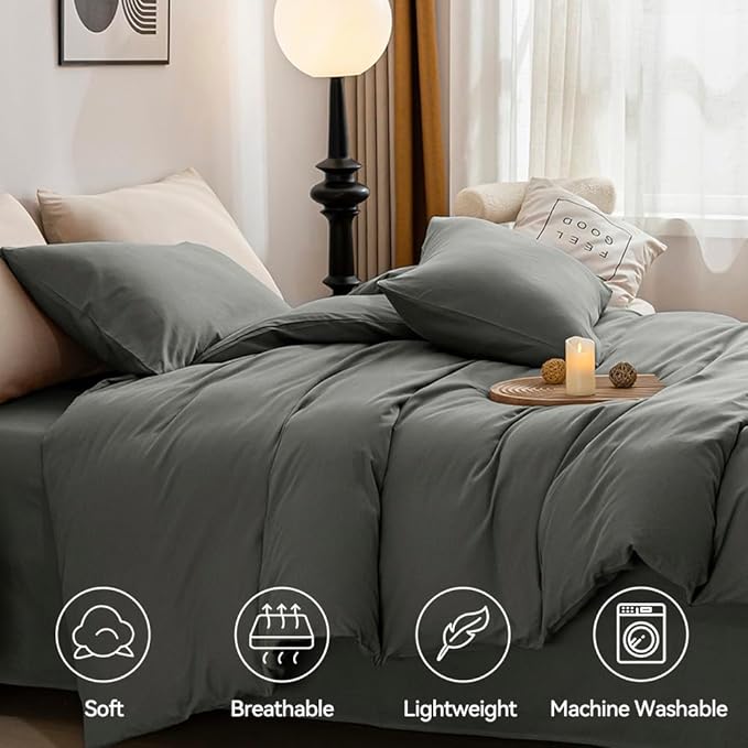 JELLYMONI Bedding Duvet Cover Queen Size - 100% Washed Cotton Linen Like Textured Comforter Cover, 3 Pieces Breathable Soft Bedding Set with Zipper Closure (Gray, Queen 90"x90")