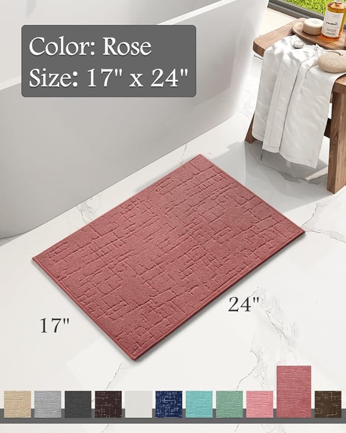AMOAMI-Bath Mat-Absorbent Quick Dry Bathroom Floor Mats-Washable Rubber Backing Bath Mats for Bathroom Rugs Fit Under Door-Bath Rug for in Front of Sink Bathtub Shower Room, Rose 17''x24''