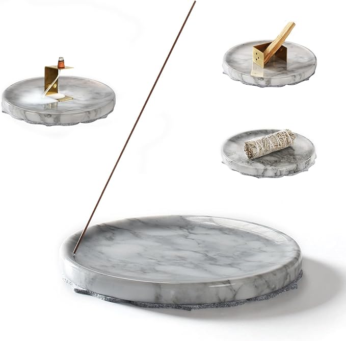 Ember Echo 7.1-Inch Natural Marble Incense Holder,Handmade Large Incense Burner for Meditation Yoga SPA, Long Incense Sticks Holder for Palo Santo/Sage/Cone/(Grey and White)
