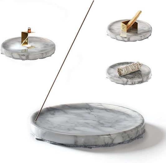 Ember Echo 7.1-Inch Natural Marble Incense Holder,Handmade Large Incense Burner for Meditation Yoga SPA, Long Incense Sticks Holder for Palo Santo/Sage/Cone/(Grey and White)