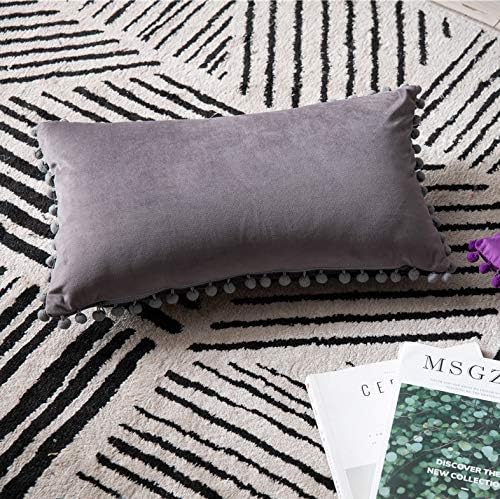 DEZENE Throw Pillow Covers 12x20 Dark-Grey: 2 Pack Cozy Soft Pom-poms Velvet Rectangular Decorative Pillow Cases for Farmhouse Home Decor