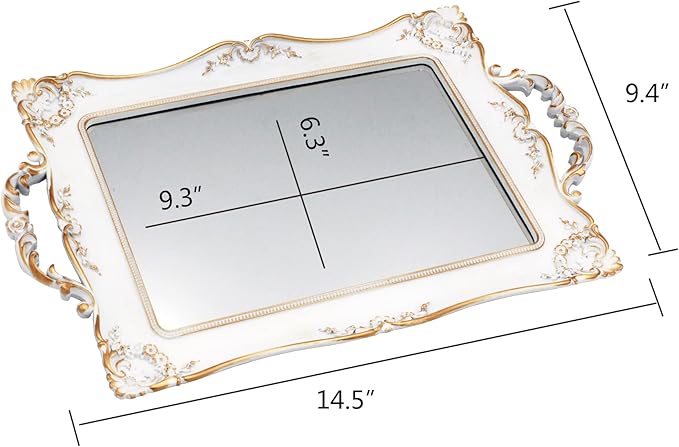 Antique Decorative Gold Framed Square Mirror Tray, Jewelry & Cosmetics Organizer for Dresser, Square - 9.5" W x 14.5" L (White)
