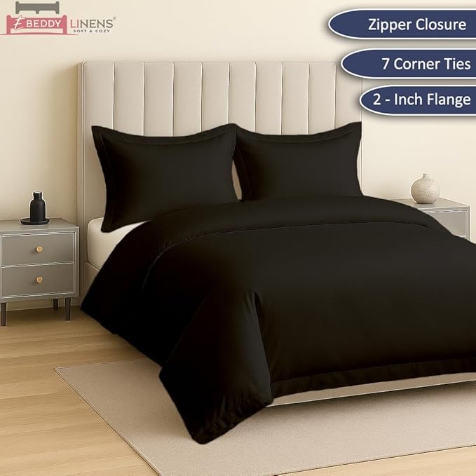 eBeddy Linens 800 TC Ultra Silky Soft Egyptian Cotton Alaskan King 132x120 Size 3-Pieces Duvet Cover Hidden Zipper Closer & Corner Ties Durable and Fade Resistant, Black Solid