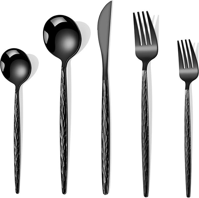 Hammered Black Silverware Set,30 Piece Stainless Steel Flatware Set for 6,Modern Cutlery Set,Includes Spoon Fork Knives Set,Home Kitchen and Restaurant,Dishwasher Safe
