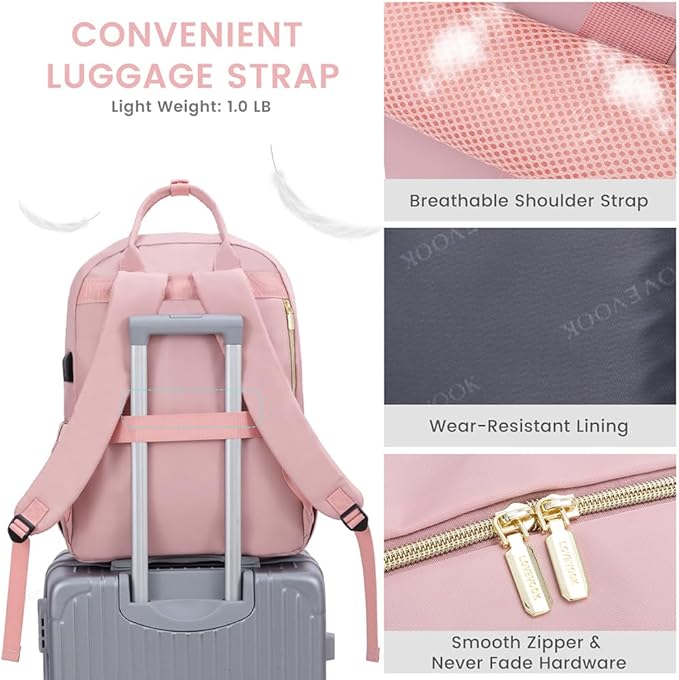 LOVEVOOK Laptop Backpack for Women, Water Resistant Travel Work Backpacks Purse Stylish Business Teacher Nurse Computer Bag with USB Charging Port,Pink