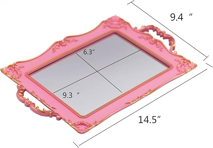 Antique Decorative Pink Framed Square Mirror Tray, Jewelry & Cosmetics Organizer for Dresser, Square - 9.5" x 14.5"(Pink)