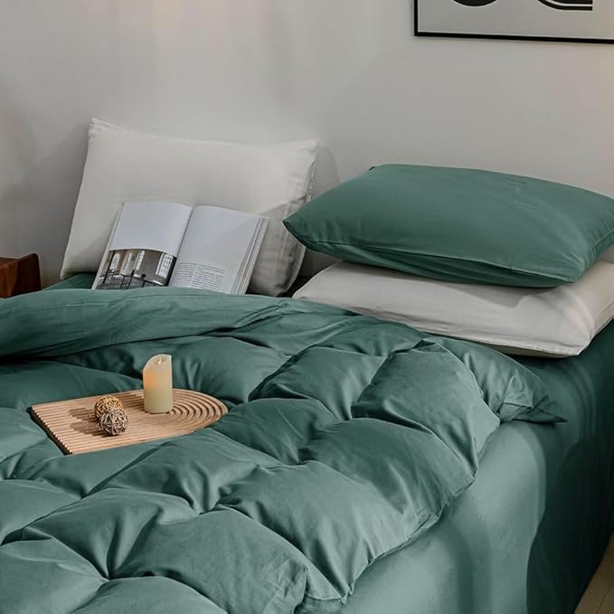 JELLYMONI Cotton Duvet Cover King Size - 100% Washed Cotton Linen Like Textured Comforter Cover, 3 Pieces Breathable Soft Bedding Set with Zipper Closure (Dark Green, King 104"x90")