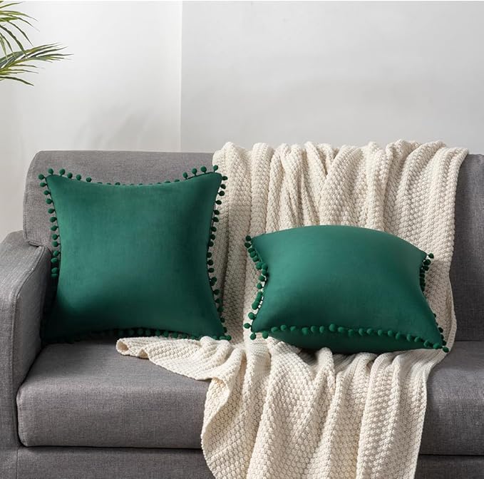 DEZENE Decorative Pillow Covers 24x24 Green: 2 Pack Cozy Soft Pom-poms Velvet Square Throw Pillow Cases for Farmhouse Home Decor