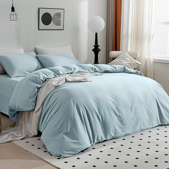 JELLYMONI Cotton Duvet Cover California King - 100% Washed Cotton Comforter Cover, 3 Pieces Breathable Soft Bedding Set with Zipper Closure (Light Blue,104"x98")