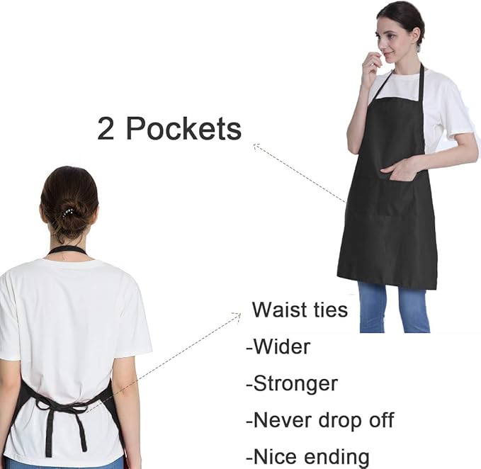 Total 6PCS Black Apron for Wowen Adult Unisex with 2 Pockets-Chef Cooking Baking Kitchen Restaurant Crafting Painting Party Aprons