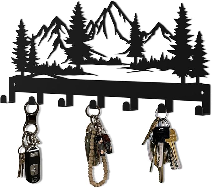 Key Holder Wall Mounted Key Hooks, Black Metal Key Rack Hooks, The Great Grove, Mountain Theme Wall Decoration Hooks, with 7 Hooks, Applicable to Front Doors, Lobby,Corridor, Offices (12 ")