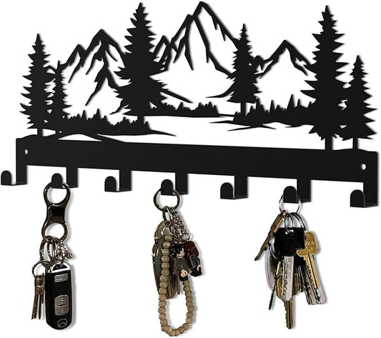 Key Holder Wall Mounted Key Hooks, Black Metal Key Rack Hooks, The Great Grove, Mountain Theme Wall Decoration Hooks, with 7 Hooks, Applicable to Front Doors, Lobby,Corridor, Offices (12 ")