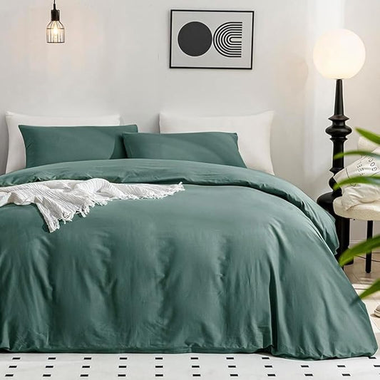 JELLYMONI Dark Green Bedding Duvet Cover Set - 100% Washed Cotton Linen Like Textured California King Comforter Cover, 3 Pieces Soft Bedding Set with Zipper Closure (Dark Green, Cal King 104"x98")