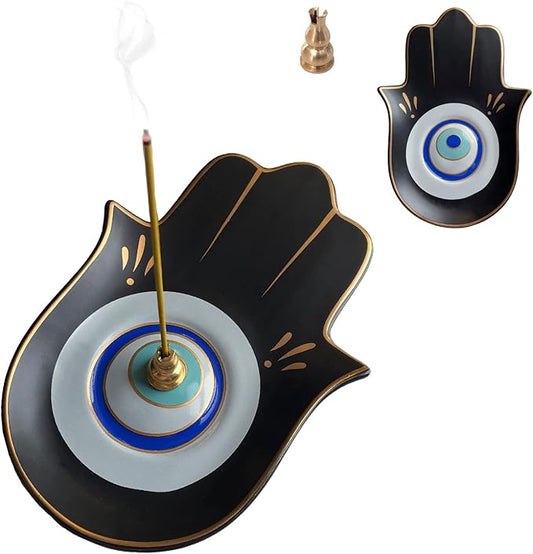 Ceramic Hamsa Hand Incense Holder - 2 in 1 Brass Incense Holder for Sticks and Coil Incense- Zen Decor with Hand of Fatima Design Protection from Evil - 6.2" L X 4.5" W (Blackeye)