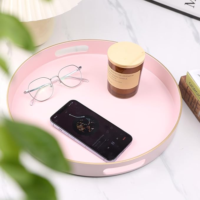Pink Round Decorative Tray with Handles, 13" Versatile Serving Tray for Coffee Table, Ottoman, Ideal for Serving, Displaying, Organizing
