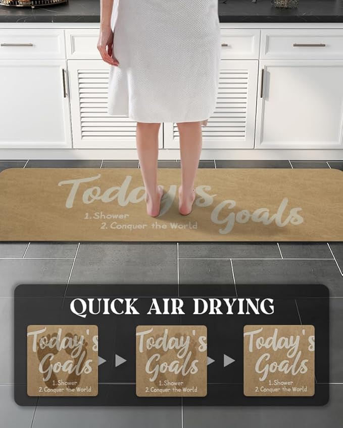 MontVoo -Bath Mat Rug- Non Slip Quick Dry Absorbent Thin Bathroom Rugs Fit Under Door-Faux Suede Surface Bathroom Floor Mats-Shower Rug for in Front of Bathtub Shower 17 X59 Camel Text Pattern