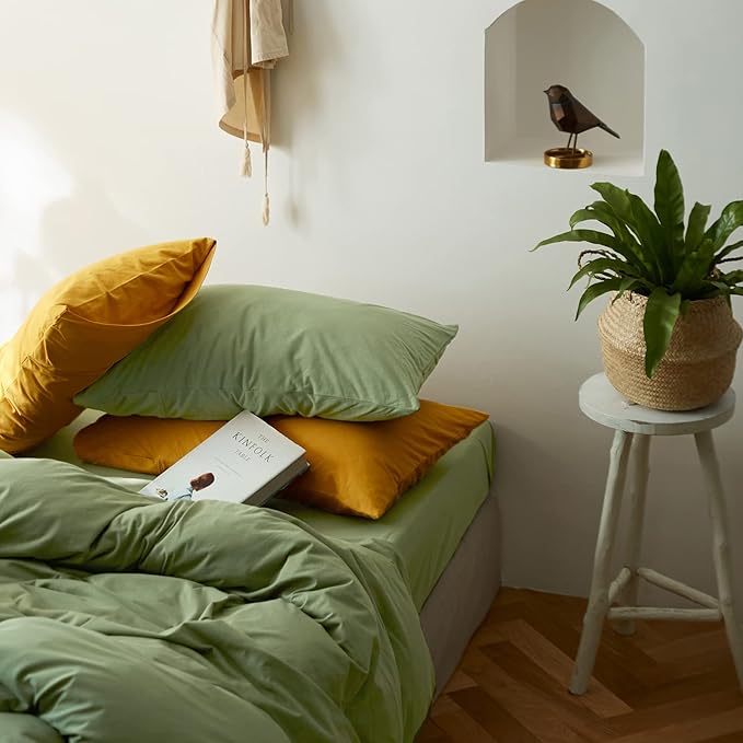 AMWAN Avocado Green Duvet Cover Jersey Knit Cotton Bedding Set Queen Solid Color Comforter Cover Modern Style Green Bedding Cover with 2 Pillowcases Luxury Soft T Shirt Cotton Bedding Collection