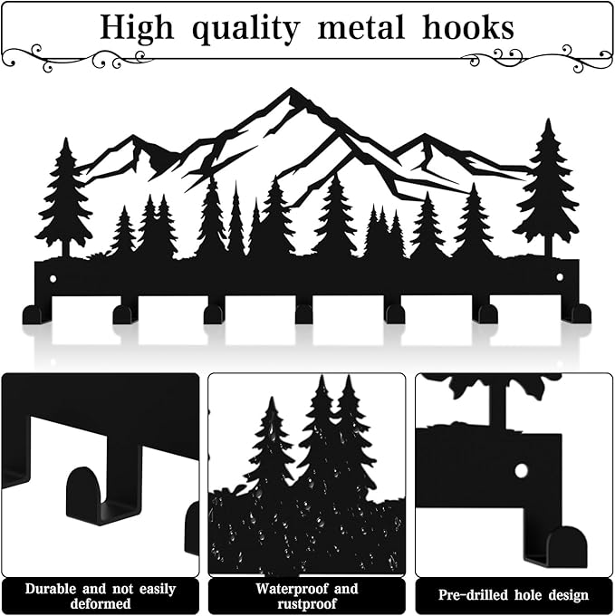 Key Holder Wall Mounted Key Hooks, Black Metal Key Rack Hooks, Little Grove, Mountain Theme Wall Decoration Hooks, with 7 Hooks, Applicable to Front Doors, Lobby,Corridor, Offices (12 ")
