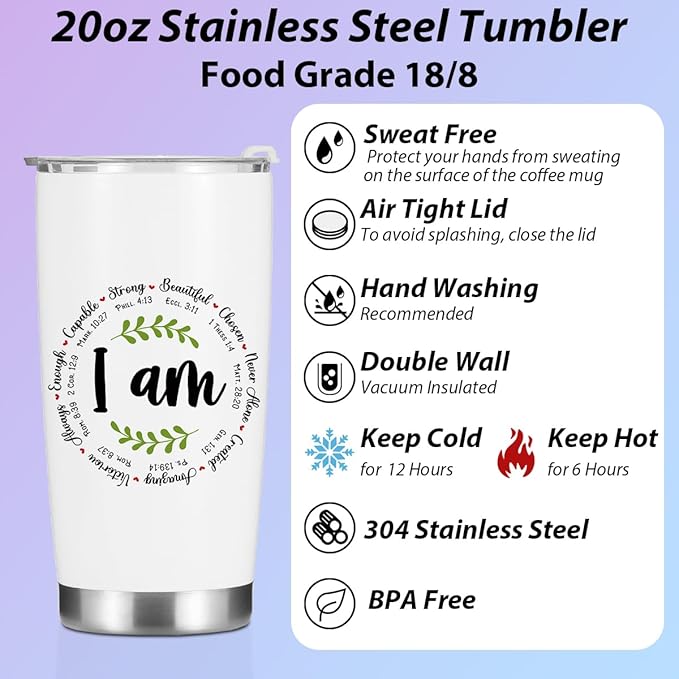 Christian Gifts for Women Girls Tumbler, Inspirational Bible Verse Scripture Gifts Birthday Christmas, Faith Religious Coffee Mug Stainless Steel Vacuum Insulated Double Wall Travel Cup with Lid，20oz