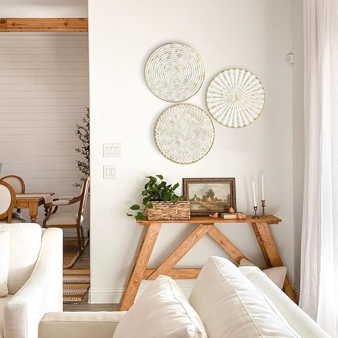 Briful 12" Wall Décor Pack of 3 Metal White Washed Starbursts Radial Plate Wall Art Modern Accent Hanging Wall Decorations For Home Office Bedroom Or Living Room Wall Sculptures