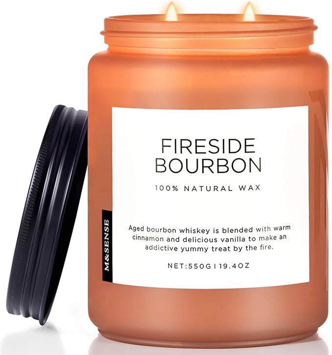 M&SENSE Fireside Bourbon Candles Strong Scented, 2 Wick Jar Candle 19.4oz 110 Hour Long Lasting, Organic Natural Soy Wax Candle for Bedroom Kitchen Home Decor, Warm Housewarming Gifts for Men Women
