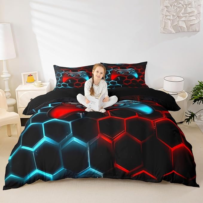 Castle Fairy Teen Boys Gamer Duvet Cover Twin Size for Game Room Decor,Modern Honeycomb and Gamepad Pattern Bedding Set,Fashion Gaming Theme Comforter Cover with 1 Pillowcase,Blue Red
