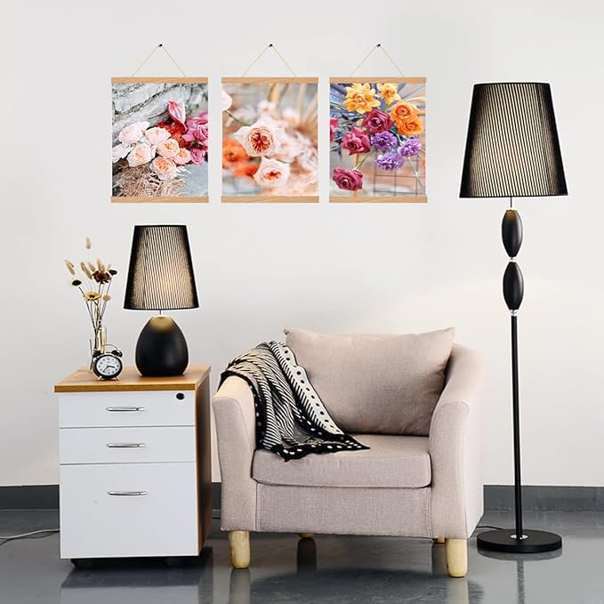 3 Pack Magnetic Poster Hanger Pine Color, 12x18 12x16 12x24 Poster Frame Wood Wooden Magnet Print Posters Dowel Scroll Hanger Hangers Hanging Kit for Walls Map Canvas Artwork, DIY Canvas