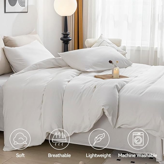 JELLYMONI White Duvet Cover Full Size - 100% Washed Cotton Linen Feel Textured Comforter Cover, 3 Pieces Breathable Soft Bedding Set with Zipper Closure (Pure White, Full 80"x90")