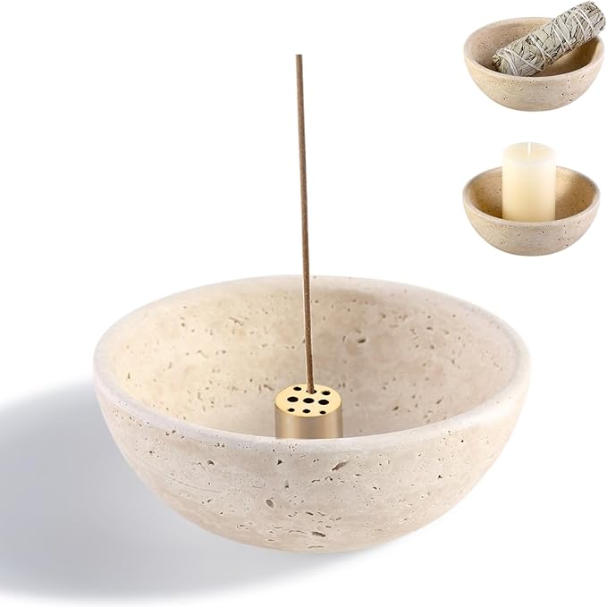 Koville Natural Marble Incense Holder, Incense Holder for Sticks with 9 Holes, Handmade Incense Burner Ash Catcher for Meditation Yoga SPA, Balsam Fir/Palo Santo/Sage/Cone (Beige)